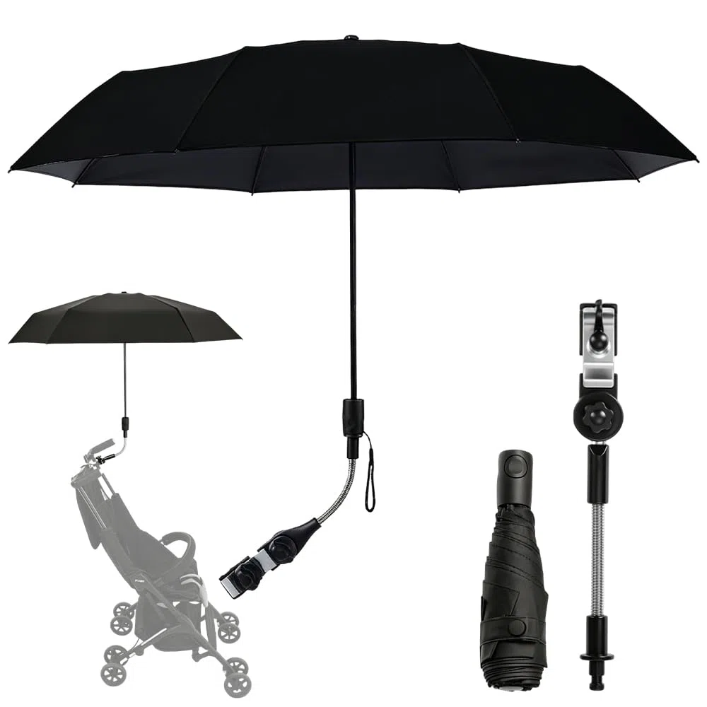 Faltbar Sonnenschirm Kinderwagen, SGZIOO Universal Sonnenschirm Buggy, UPF 50+ Flexibler Sonnenschutz mit Drehgelenk, Regenschirm Kinderwagen, Durchmesser 90 cm, Sonnenschirm für Kinderwagen UV Schutz