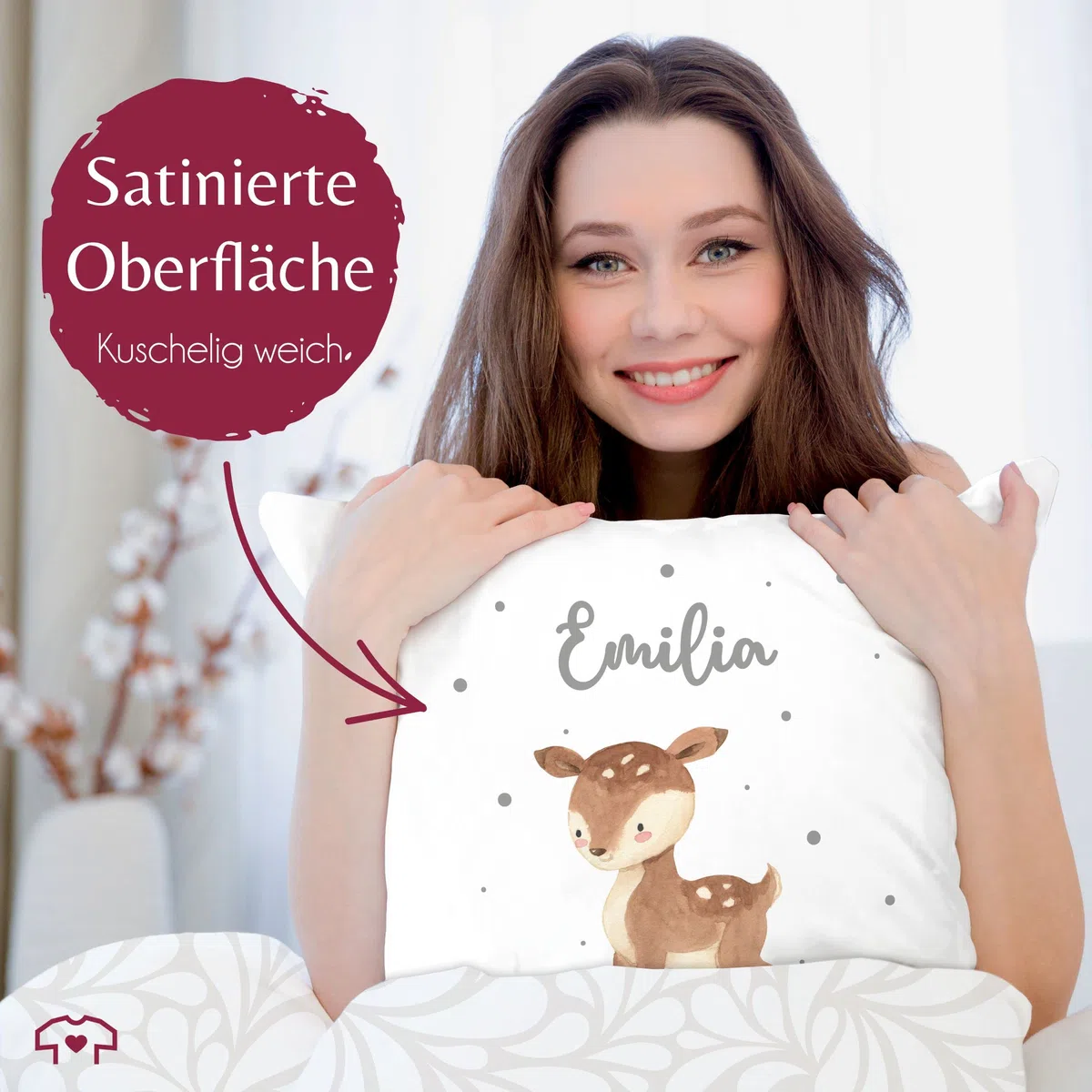 Kissen 40x40 Zierkissen - Süßes REH mit Namen personalisiert I - 40 x 40 cm - Weiß - sitzkissen Kinder rehkissen rehkitz Name kissenhülle namenskissen mädchen Geschenke Kindergarten Tier