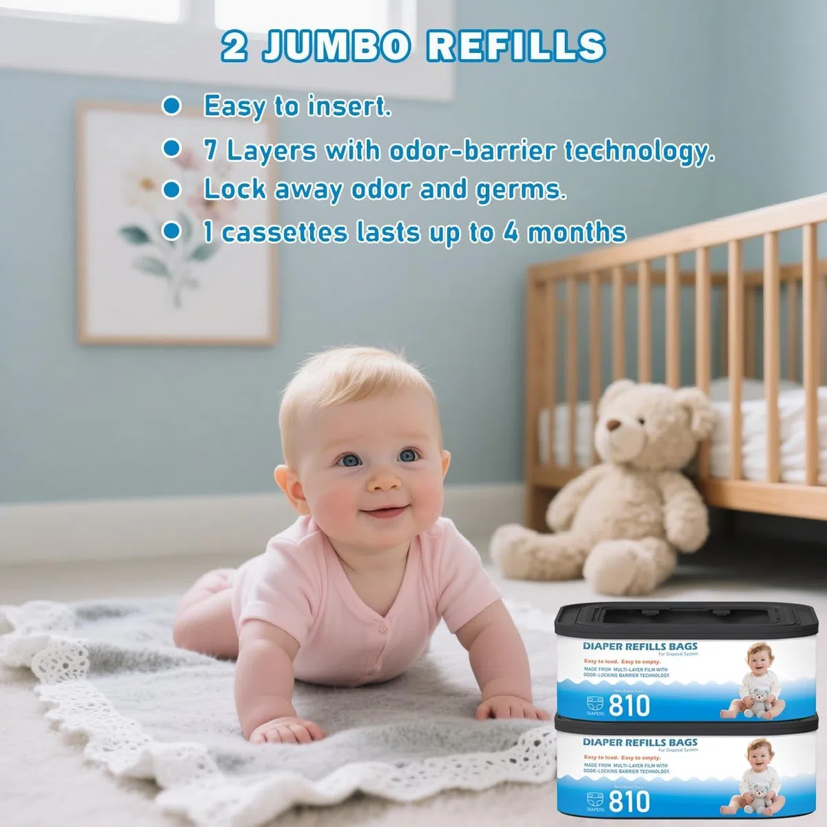 Jumbo-Nachfüllpackungen, quadratisch, kompatibel mit Diaper Genie Compact, Select Eimern, klassischer Version, für bis zu 810 Windeln in Neugeborenengröße, 4 Packungen